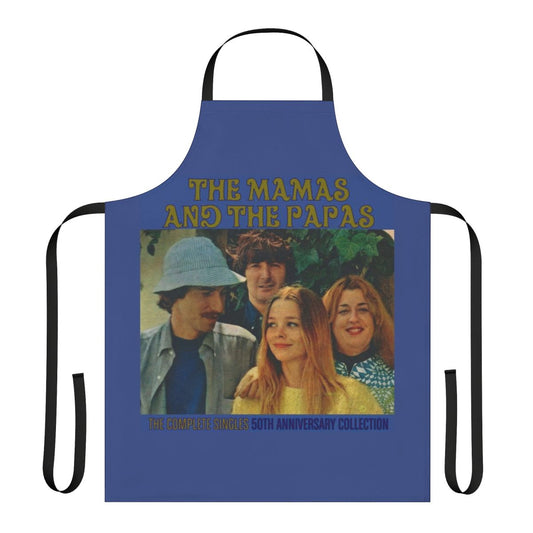 Vintage-style blue apron featuring the iconic logo and styling of the 1960s band The Mamas and The Papas