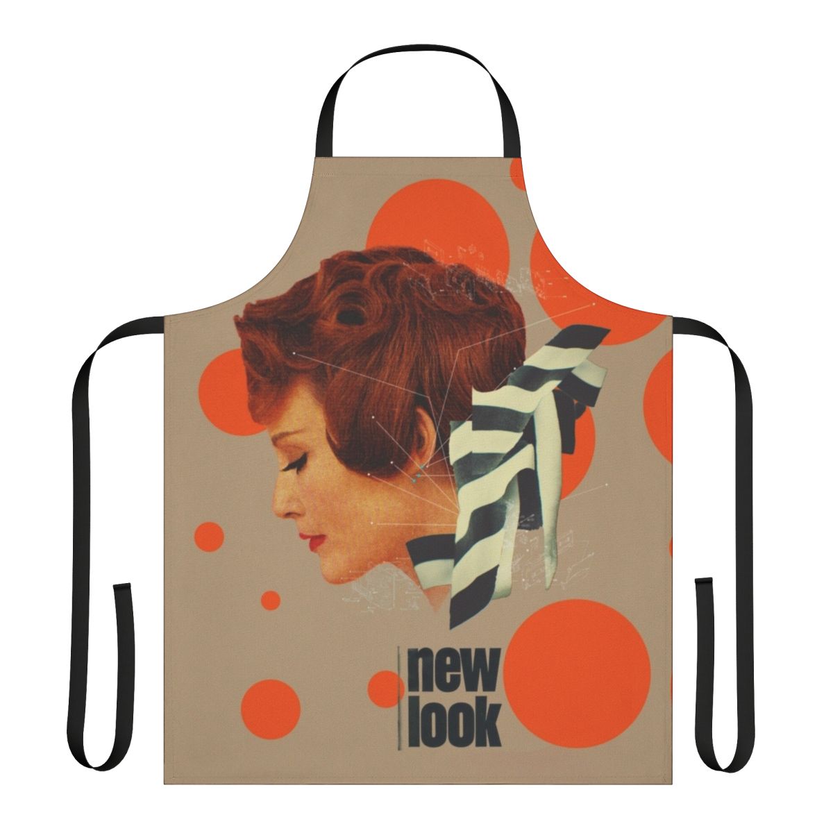 Vintage-inspired apron with geometric lines, orange and black and white color scheme, and retro 1950s 1960s style