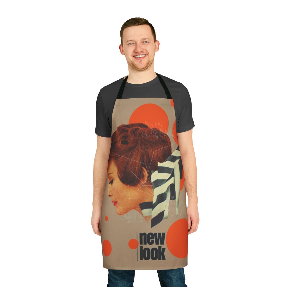 Vintage-inspired apron with geometric lines, orange and black and white color scheme, and retro 1950s 1960s style