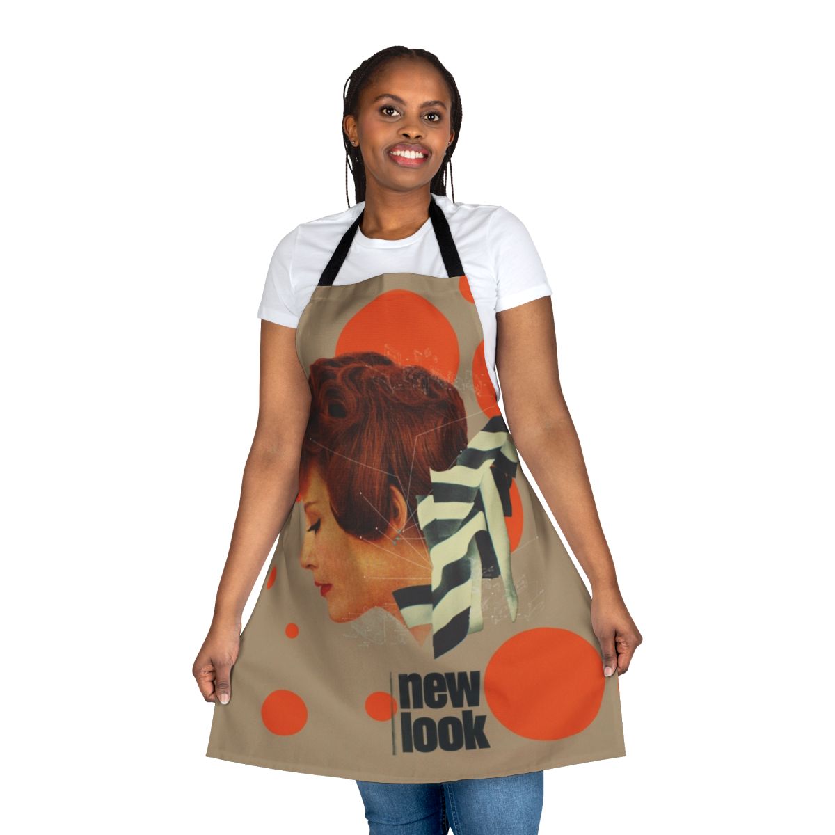 Vintage-inspired apron with geometric lines, orange and black and white color scheme, and retro 1950s 1960s style