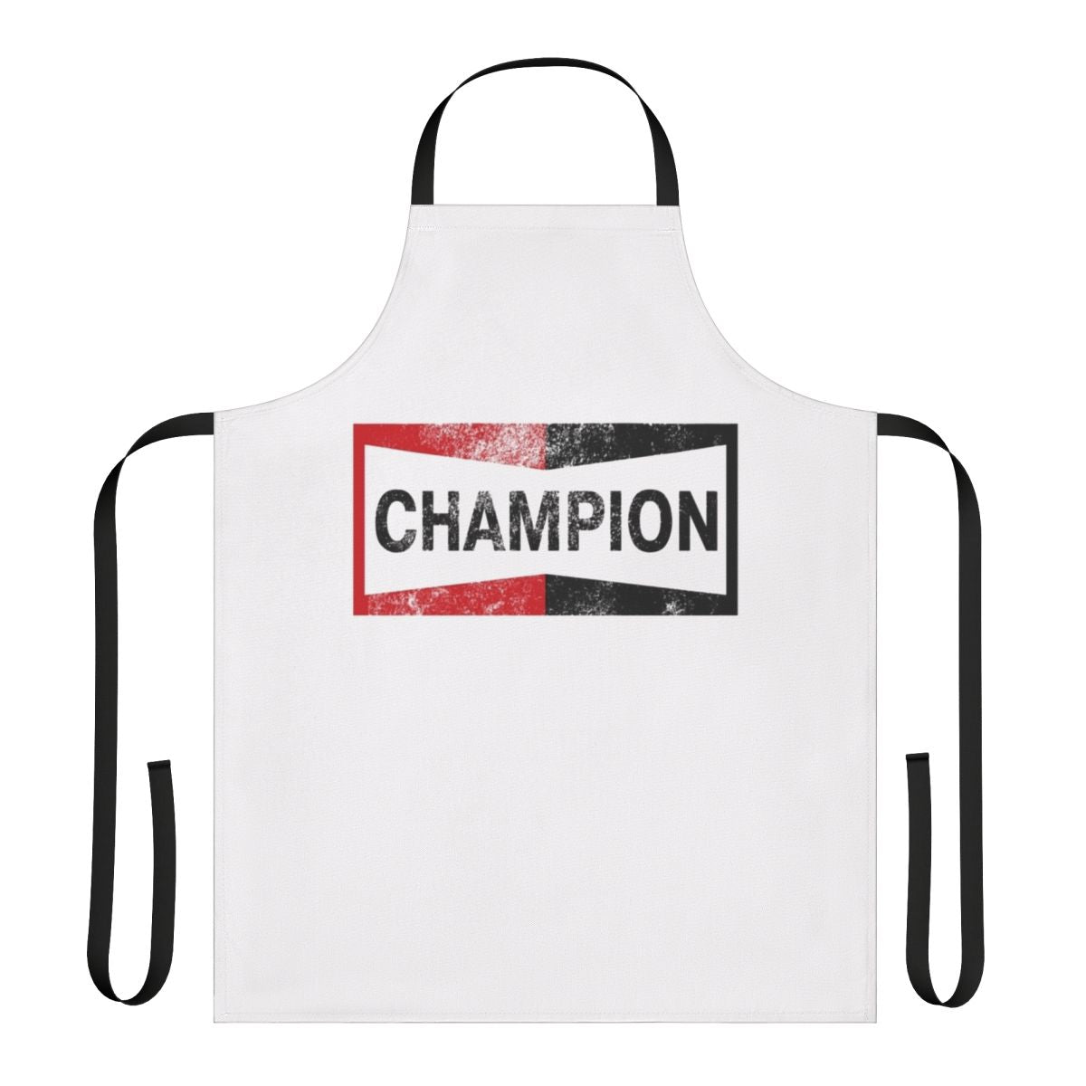 Vintage-inspired automotive apron with retro motor, spark plug, and racing graphics