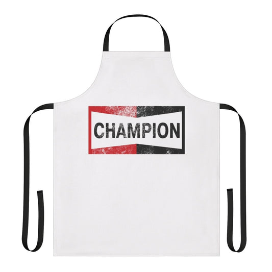 Vintage-inspired automotive apron with retro motor, spark plug, and racing graphics