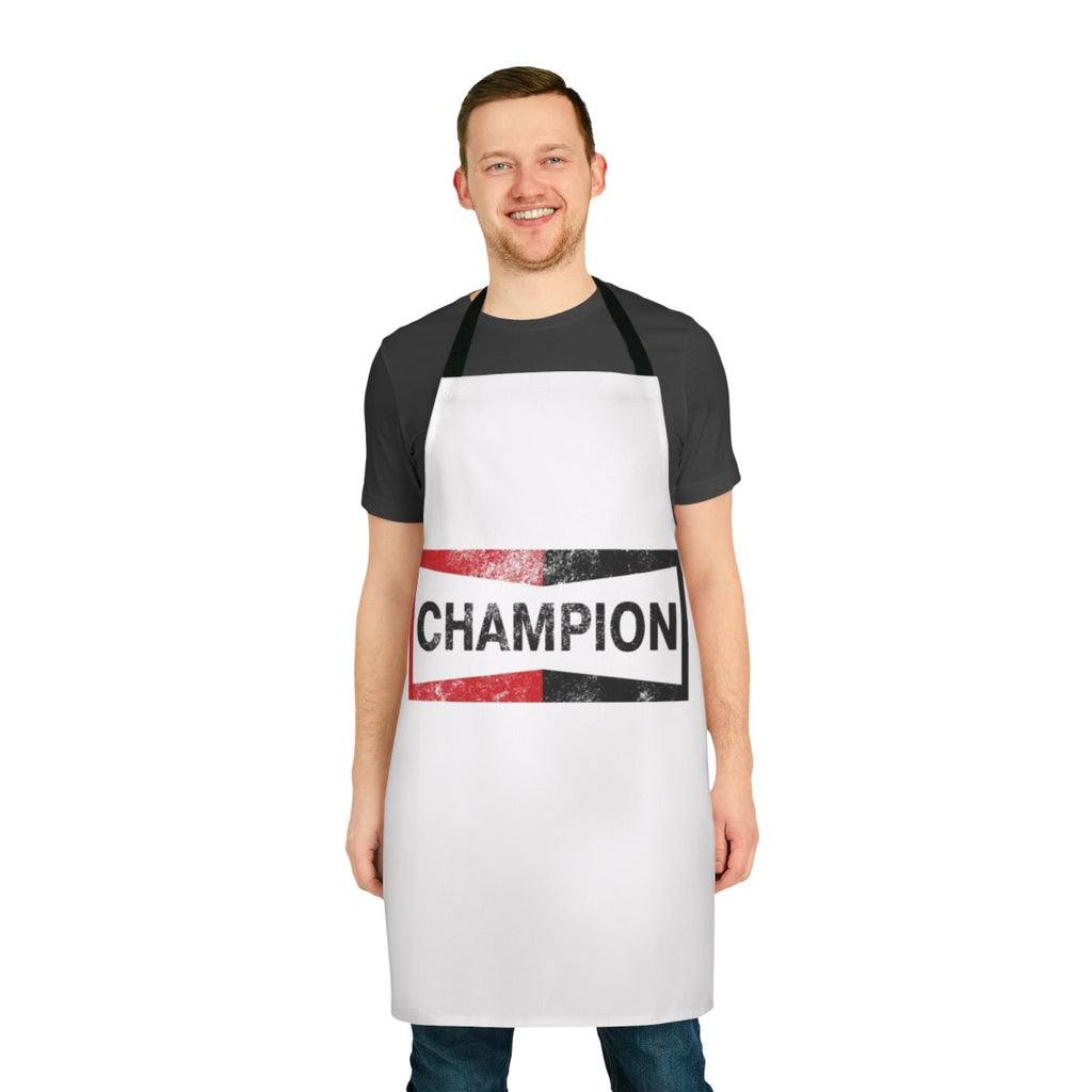 Vintage-inspired automotive apron with retro motor, spark plug, and racing graphics