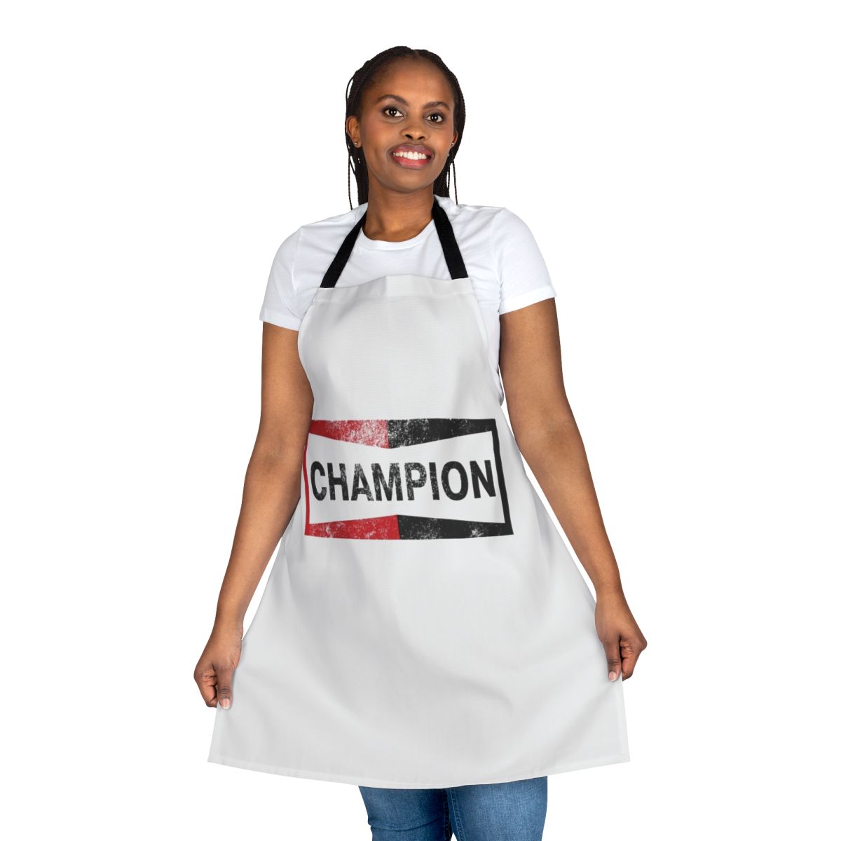 Vintage-inspired automotive apron with retro motor, spark plug, and racing graphics