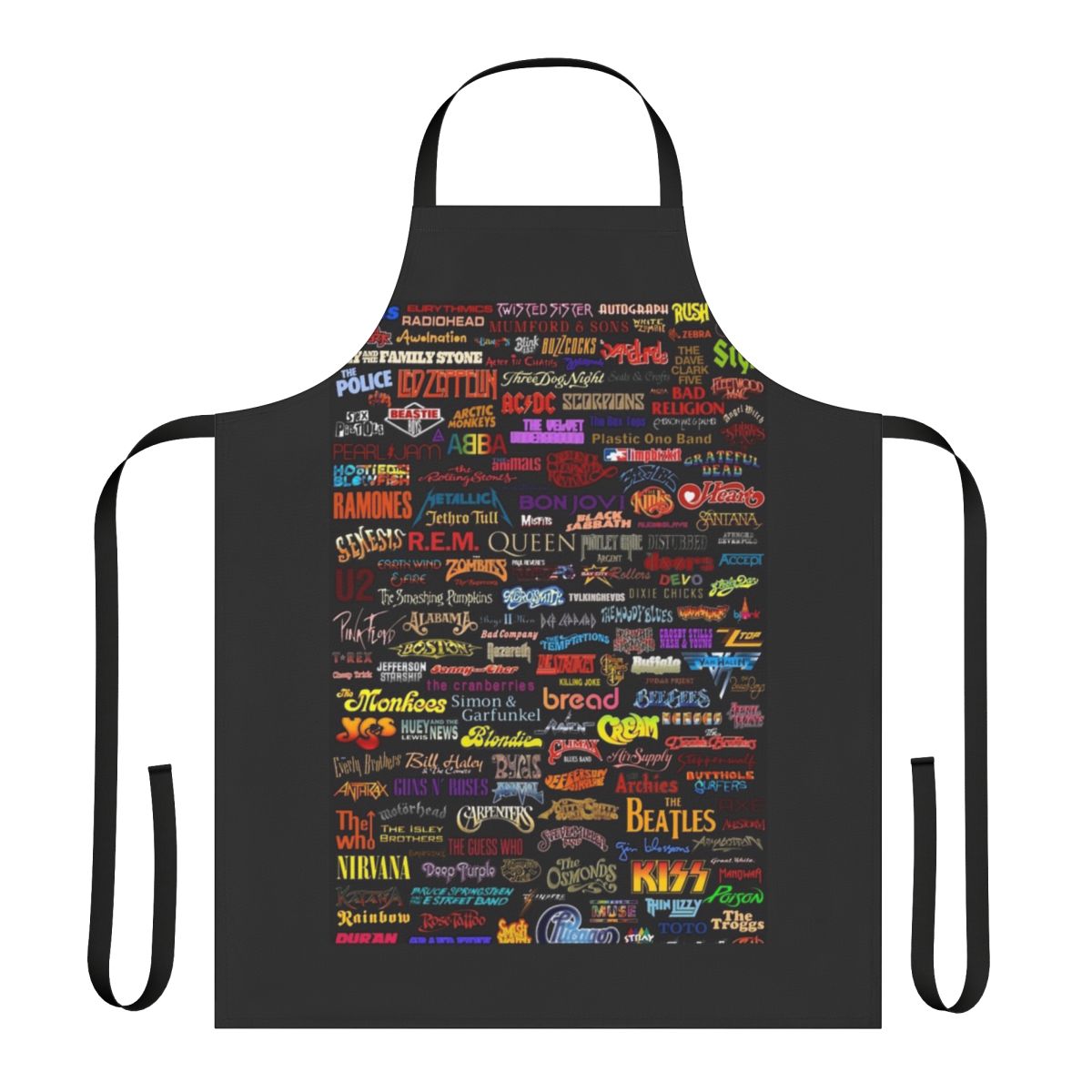 Vintage-style apron featuring a classic rock band design