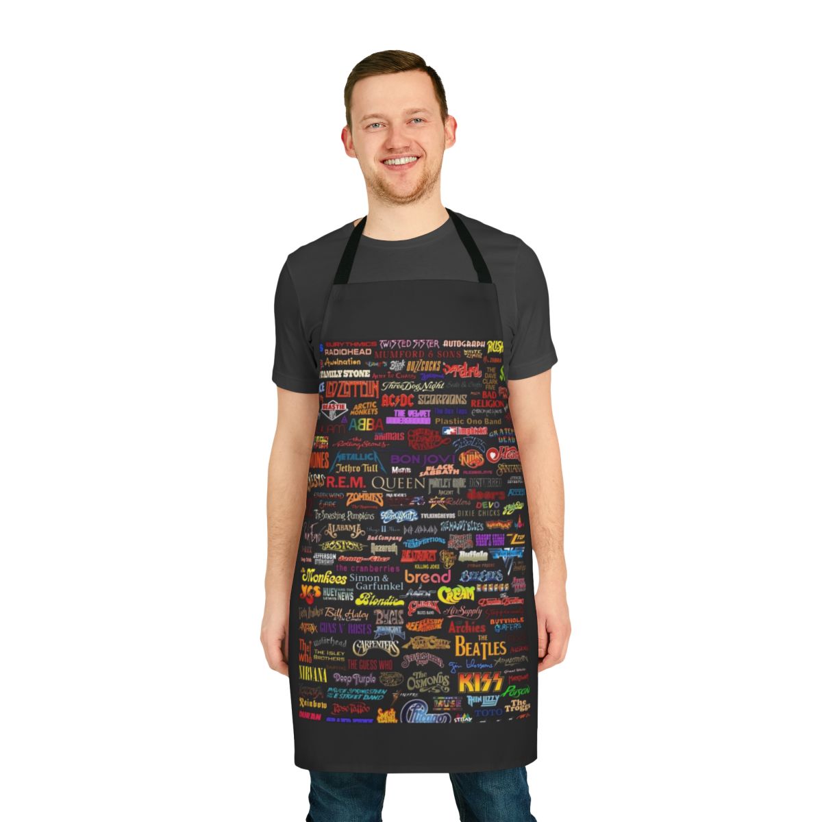 Vintage-style apron featuring a classic rock band design
