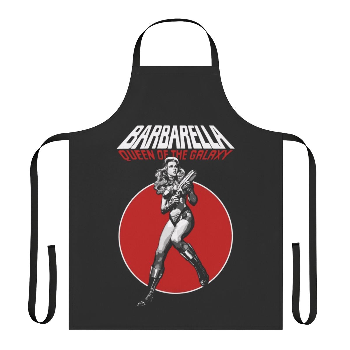 Barbarella-inspired apron featuring iconic 1960s sci-fi imagery and retro fashion