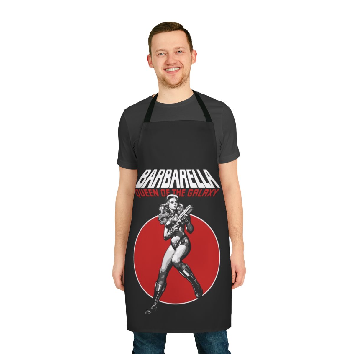 Barbarella-inspired apron featuring iconic 1960s sci-fi imagery and retro fashion
