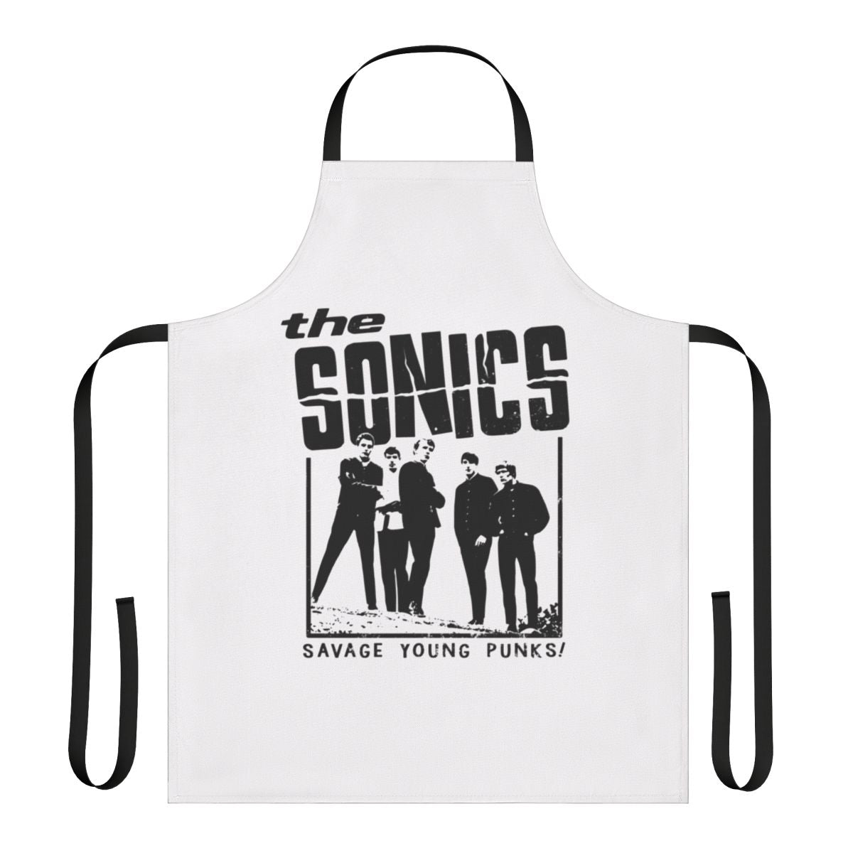 Vintage-inspired black apron featuring The Sonics, a pioneering garage rock and proto-punk band.