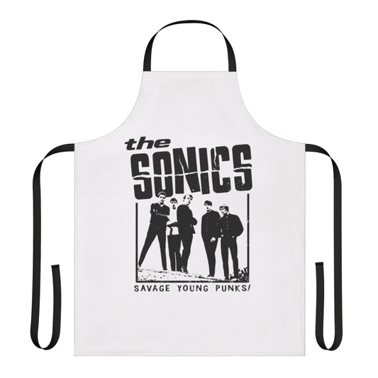 Vintage-inspired black apron featuring The Sonics, a pioneering garage rock and proto-punk band.