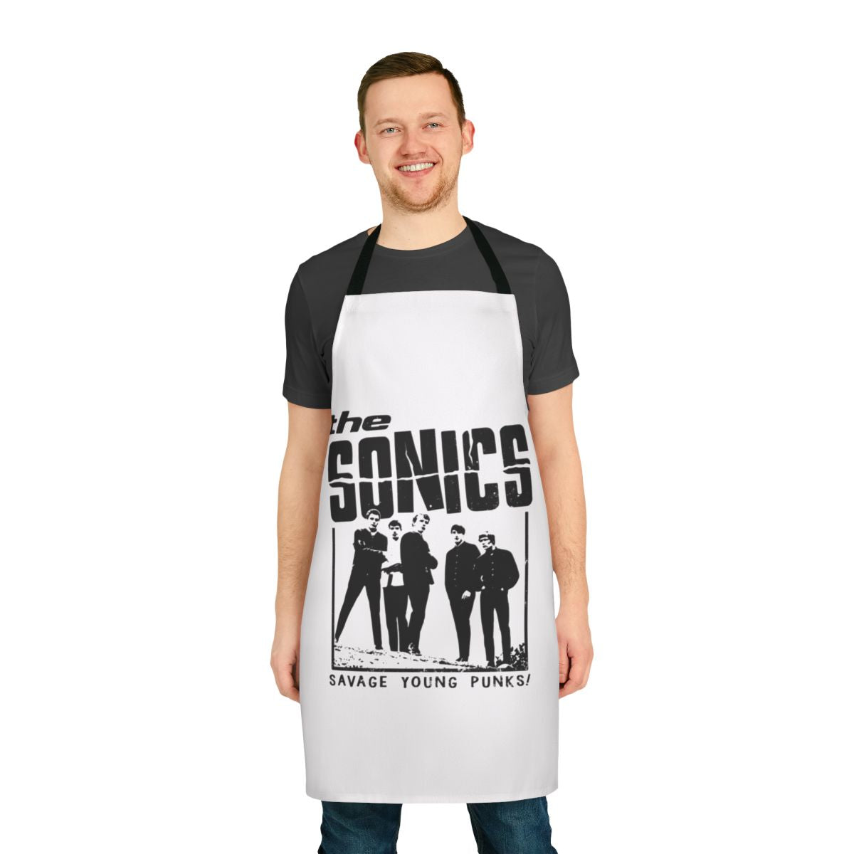 Vintage-inspired black apron featuring The Sonics, a pioneering garage rock and proto-punk band.