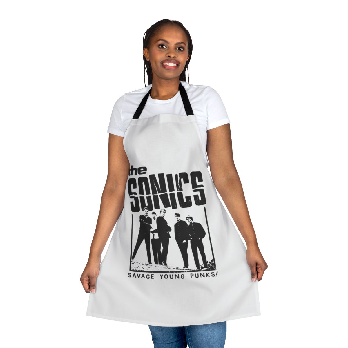 Vintage-inspired black apron featuring The Sonics, a pioneering garage rock and proto-punk band.