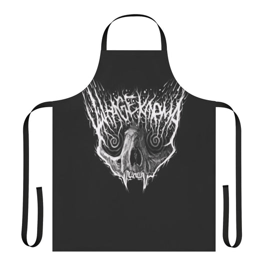 Black metal inspired cat logo graphic on a vintage-style apron