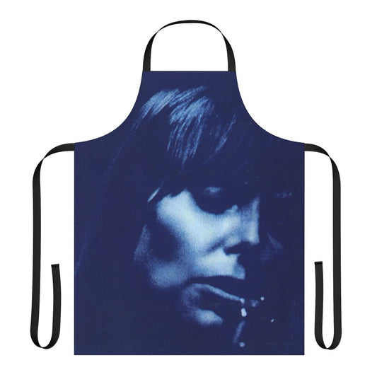 Vintage-inspired blue apron with Joni Mitchell's classic folk singer-songwriter imagery and lyrics