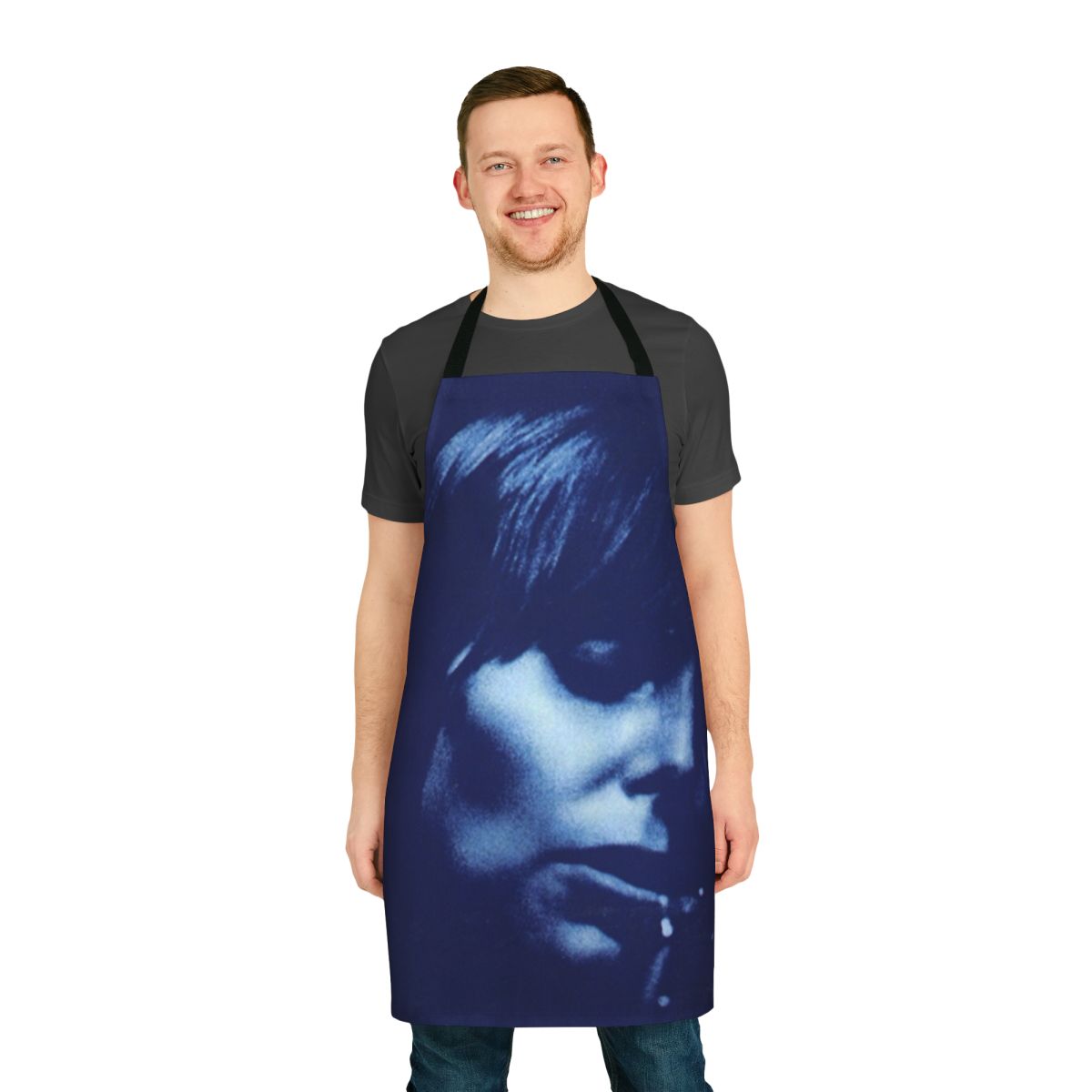 Vintage-inspired blue apron with Joni Mitchell's classic folk singer-songwriter imagery and lyrics