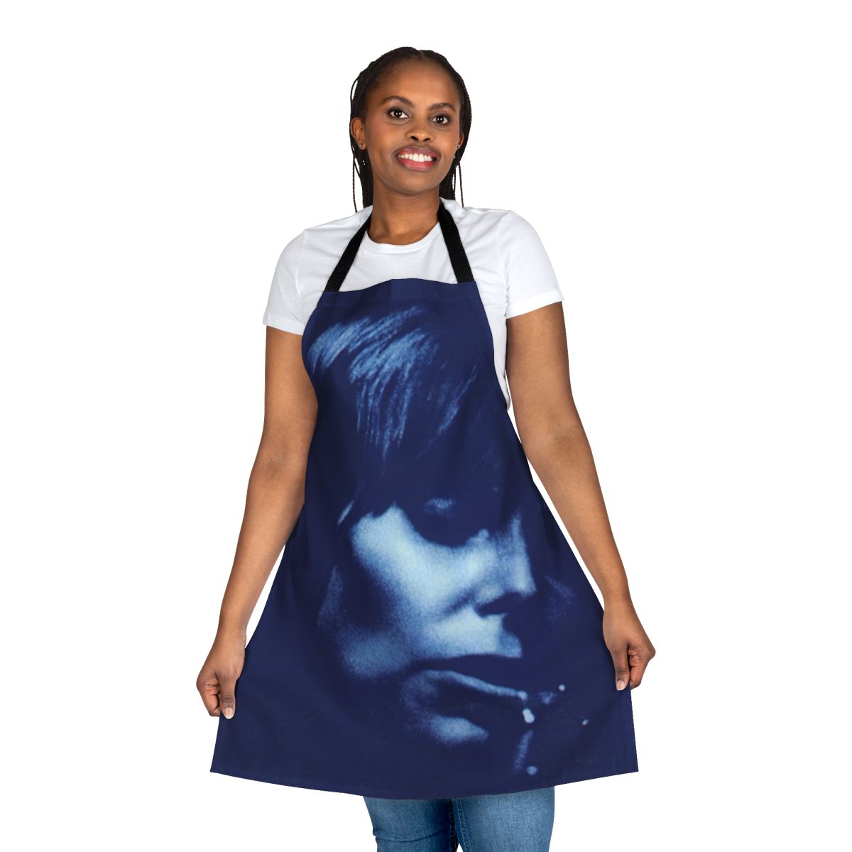 Vintage-inspired blue apron with Joni Mitchell's classic folk singer-songwriter imagery and lyrics