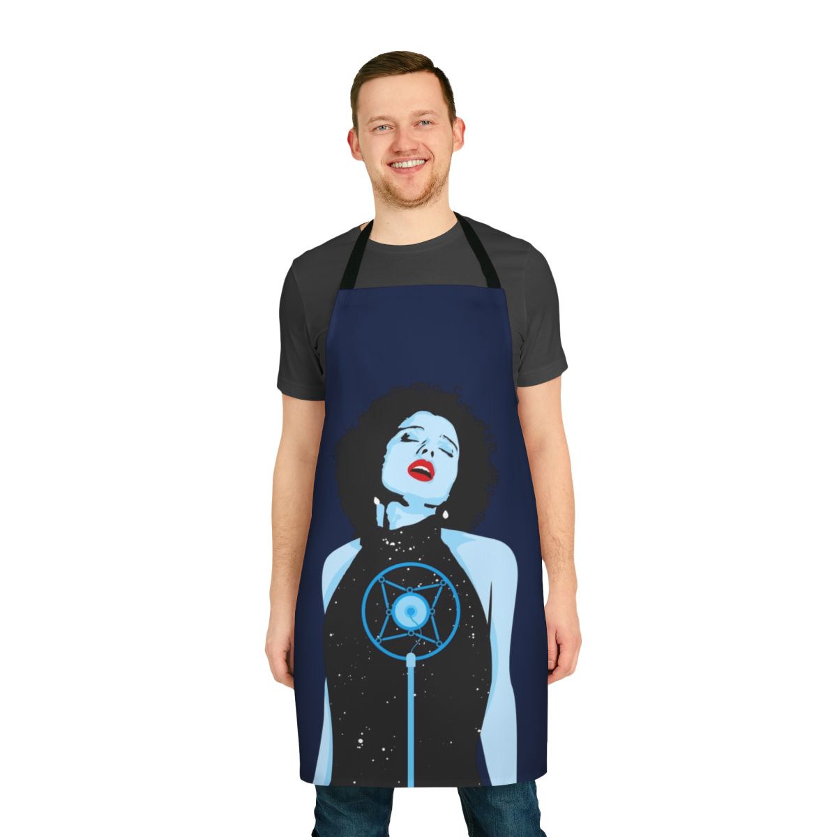 Vintage-inspired blue velvet apron with a nod to the cult classic film "Blue Velvet"