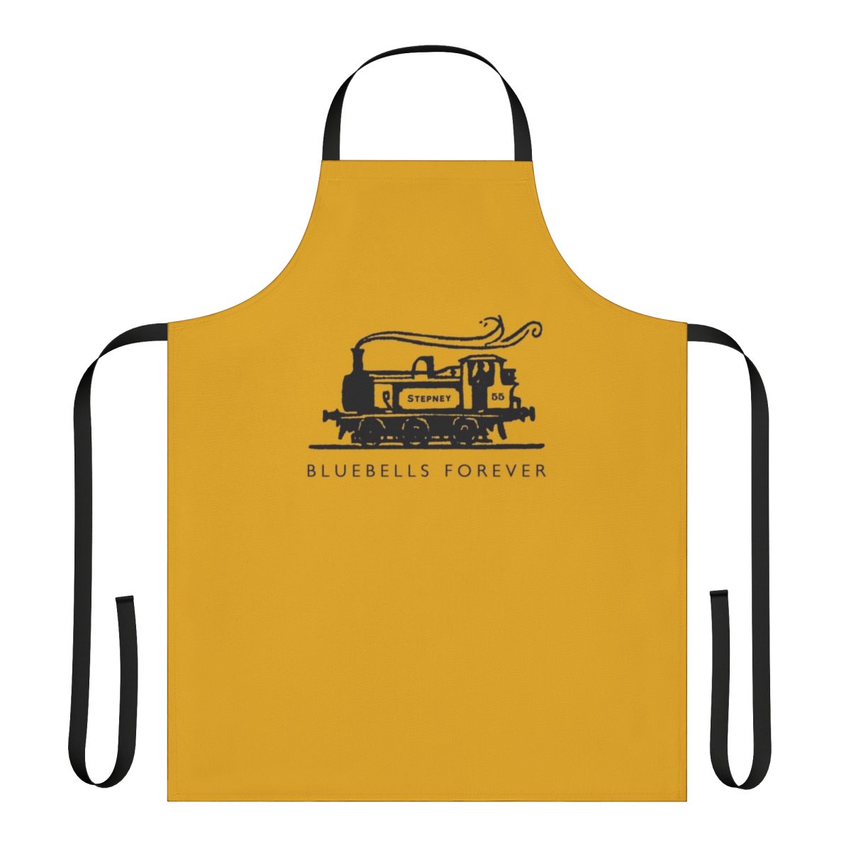 Vintage-style apron featuring a bluebells railway design