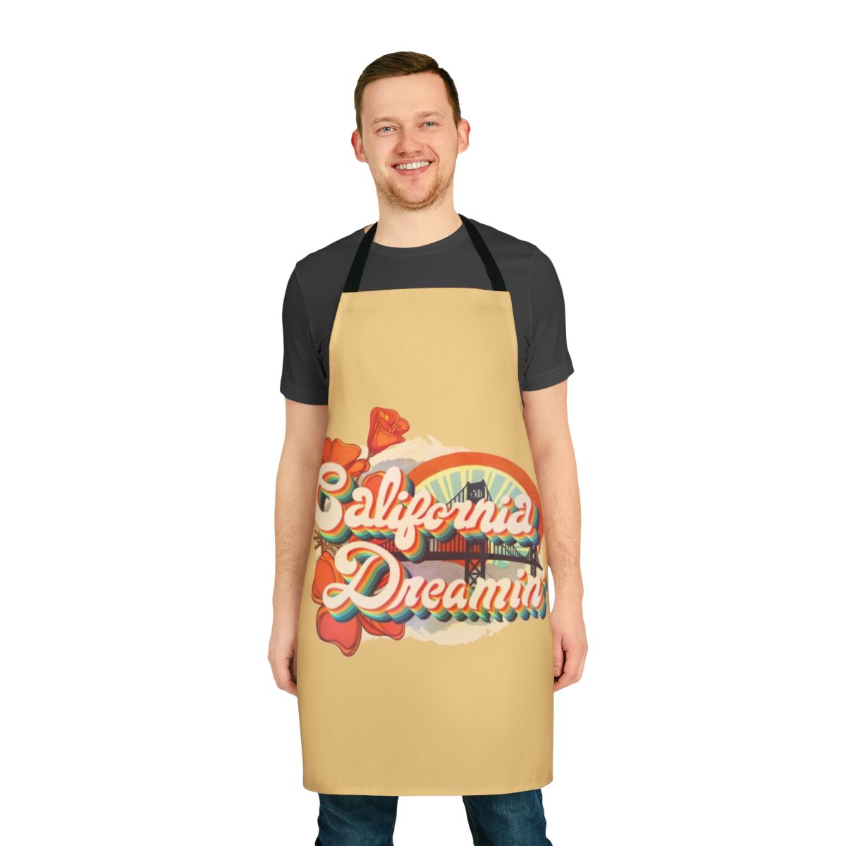 Vintage-inspired "California Dreaming" apron featuring retro graphics and typography