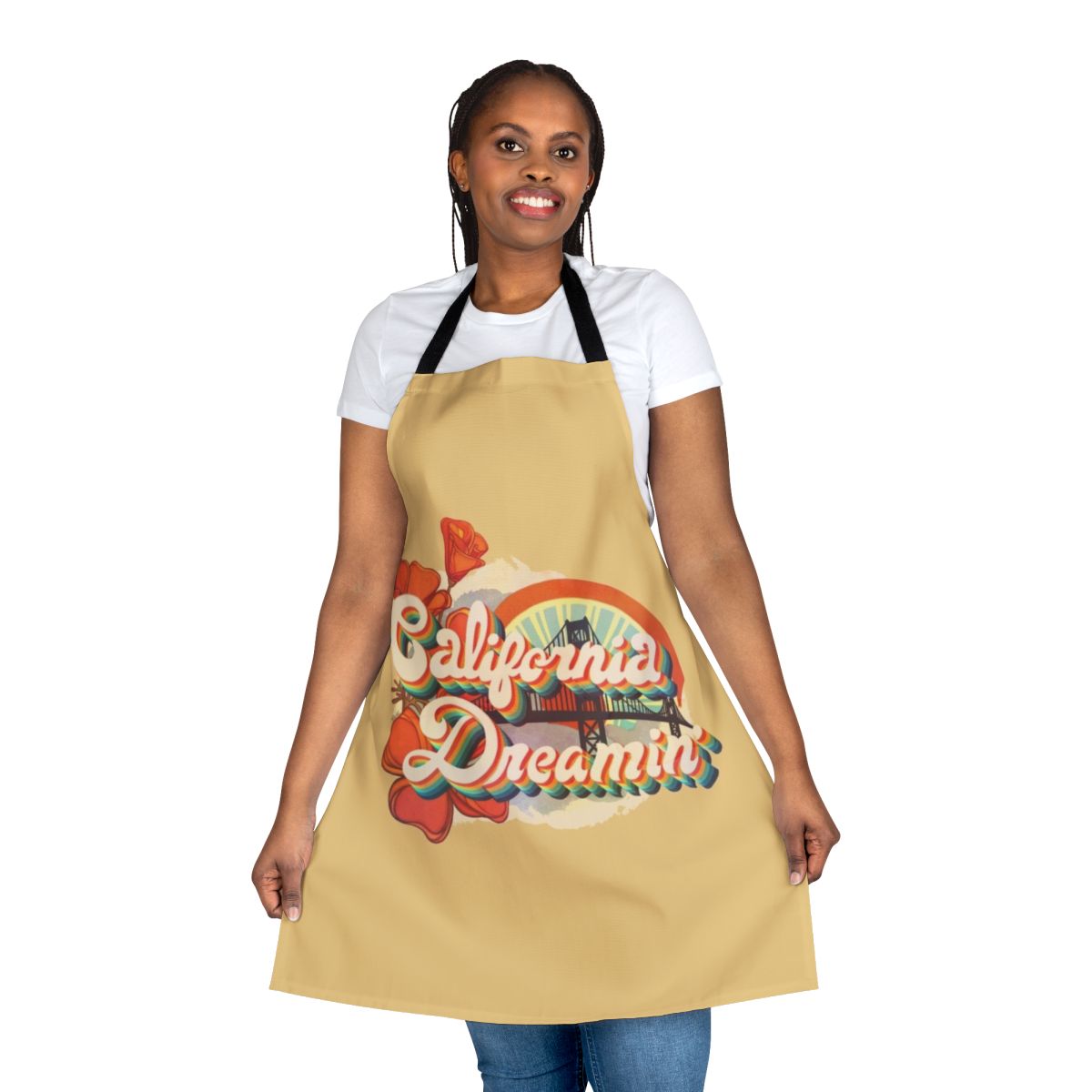 Vintage-inspired "California Dreaming" apron featuring retro graphics and typography