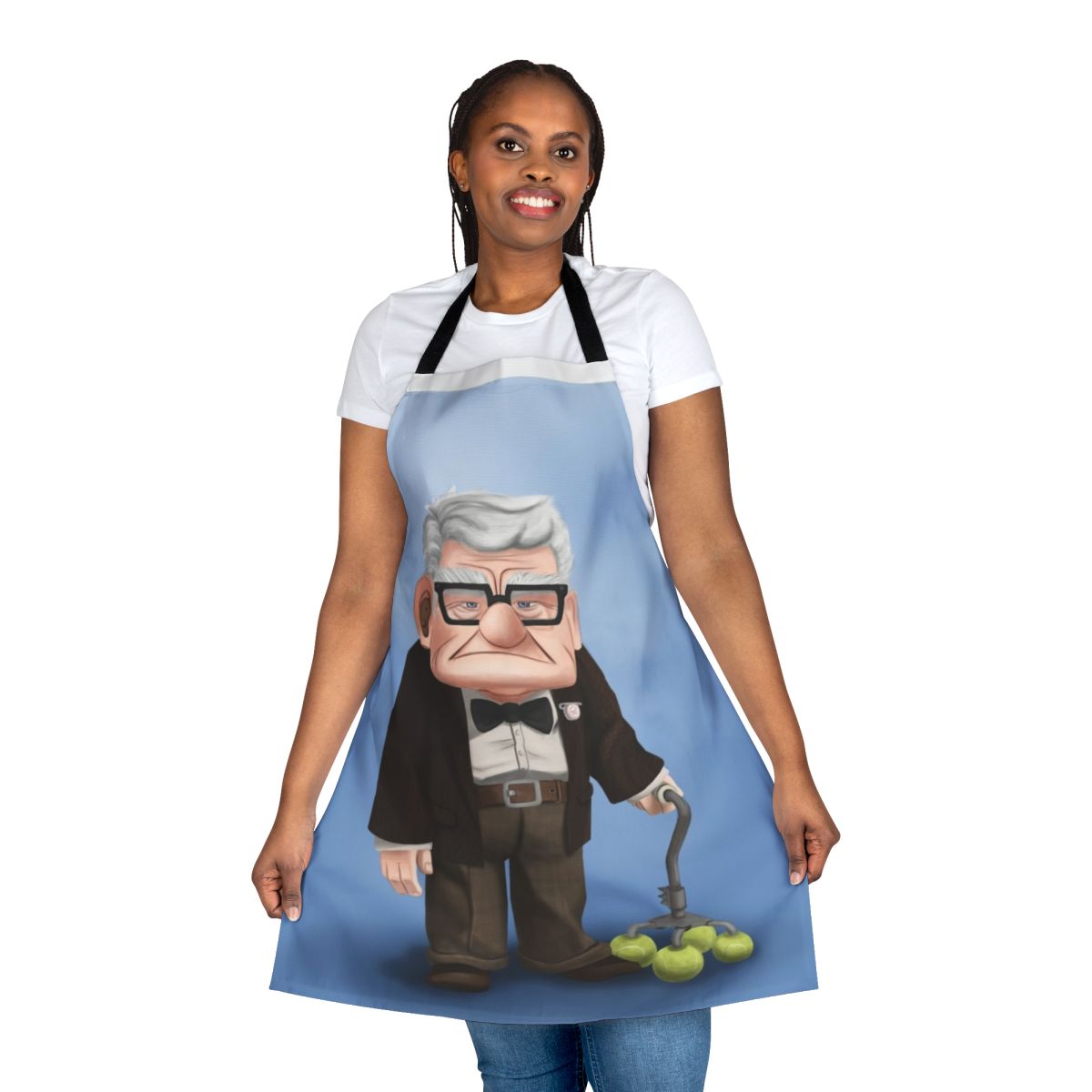 Vintage-style apron featuring the character Carl Fredricksen from the Pixar movie "Up"