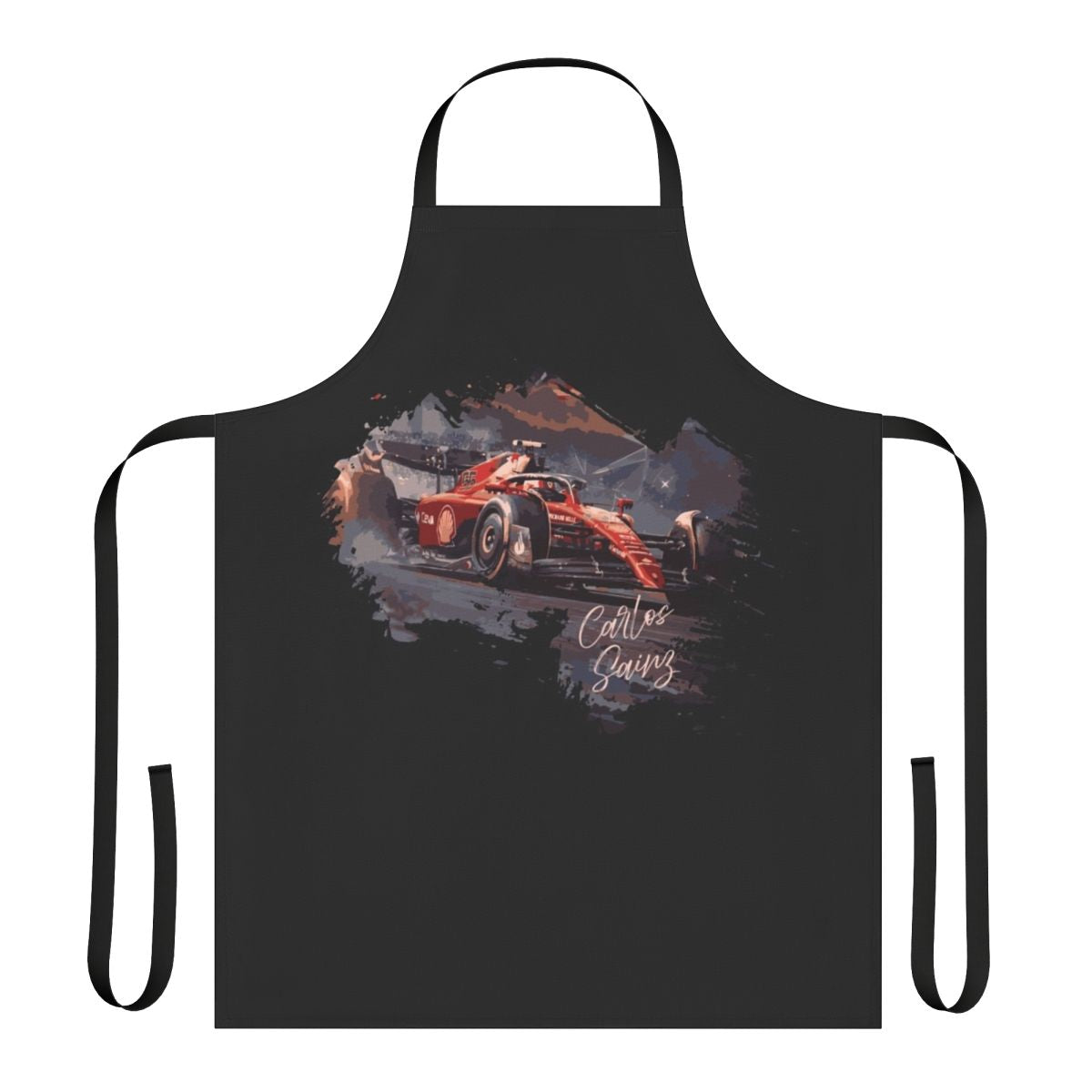 Vintage-style digital art design featuring Carlos Sainz's iconic Formula 1 racing number 55 on a high-quality apron.