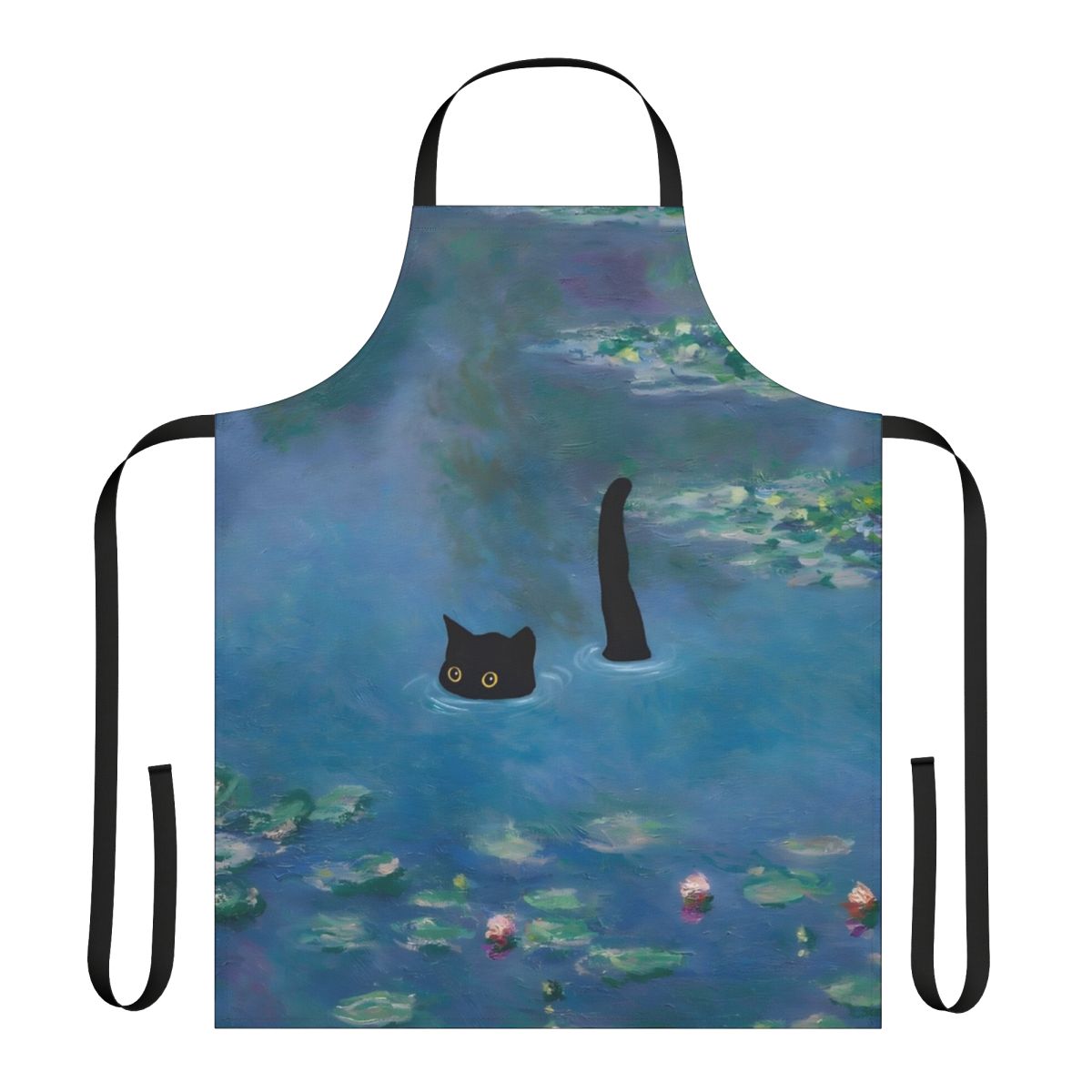 A vibrant apron featuring a cat print design inspired by Monet's Waterlily paintings