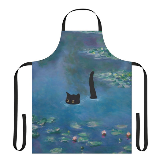 A vibrant apron featuring a cat print design inspired by Monet's Waterlily paintings