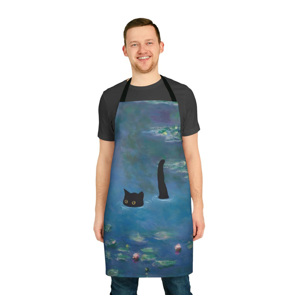 A vibrant apron featuring a cat print design inspired by Monet's Waterlily paintings