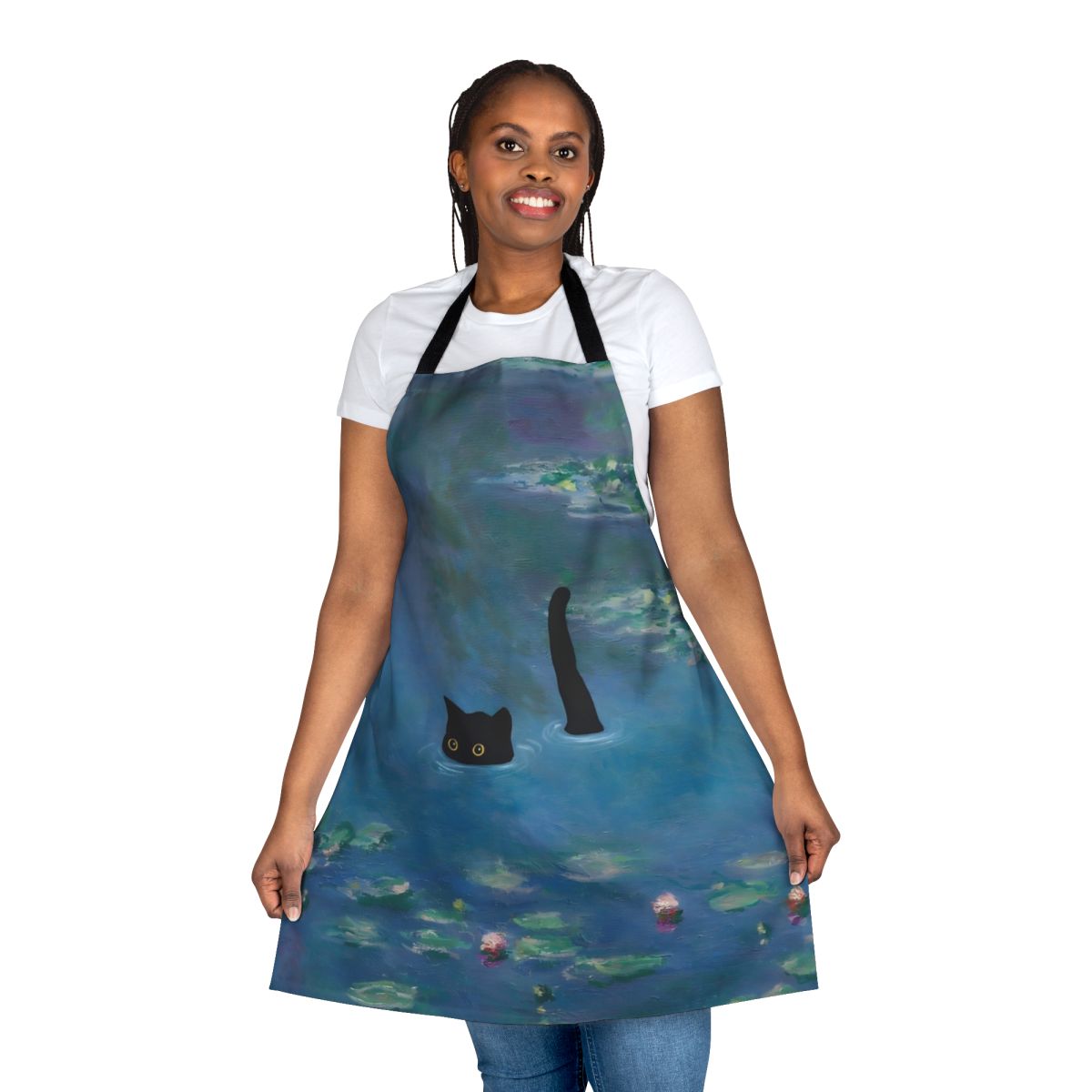 A vibrant apron featuring a cat print design inspired by Monet's Waterlily paintings