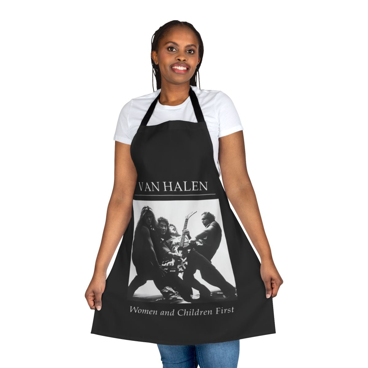 Vintage-inspired apron featuring a classic music band album design in a retro style.