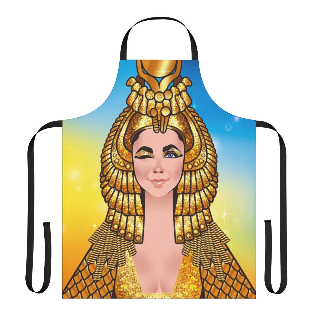 A vintage-inspired apron featuring a stylized image of Cleopatra, the legendary queen of Egypt.