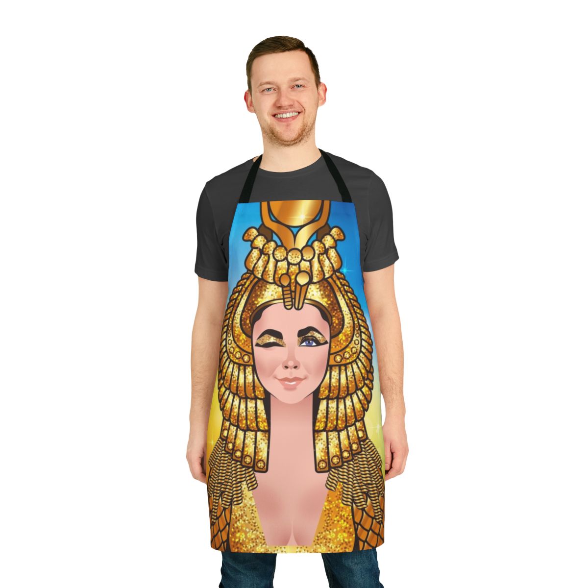 A vintage-inspired apron featuring a stylized image of Cleopatra, the legendary queen of Egypt.