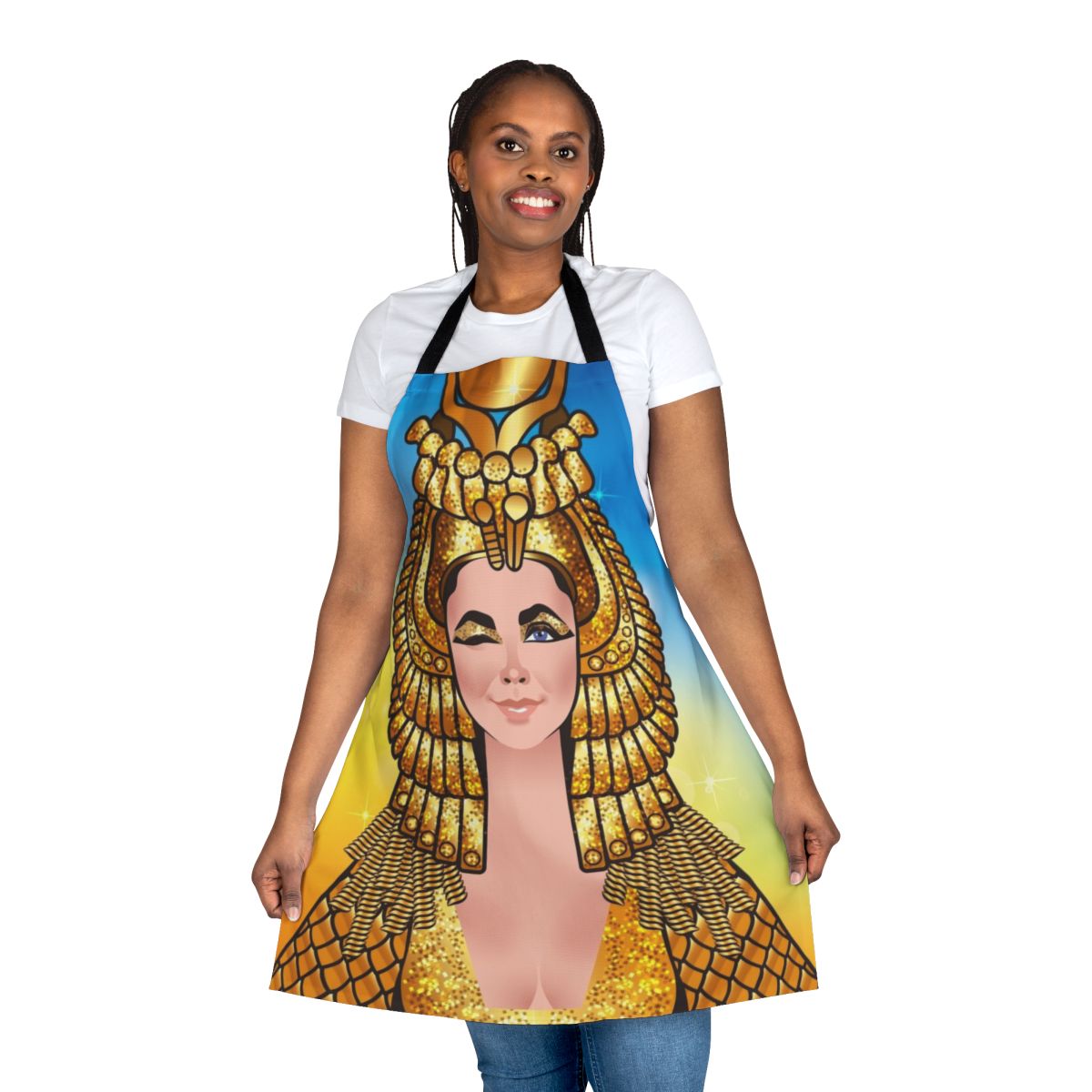 A vintage-inspired apron featuring a stylized image of Cleopatra, the legendary queen of Egypt.