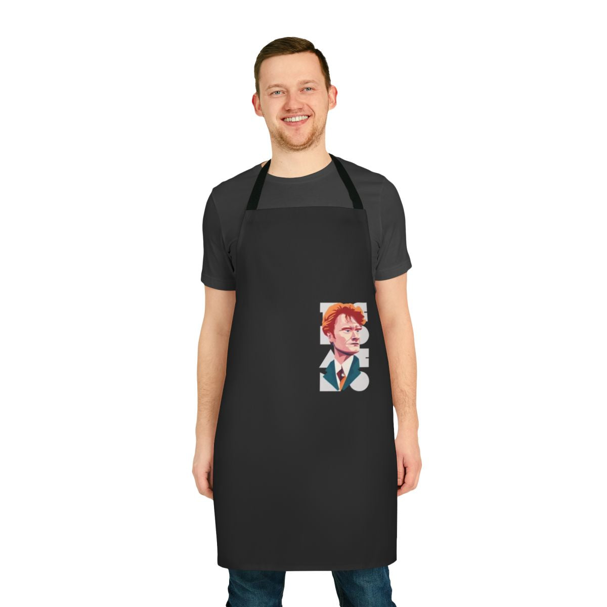 Vintage-style apron featuring a humorous caricature of Conan O'Brien