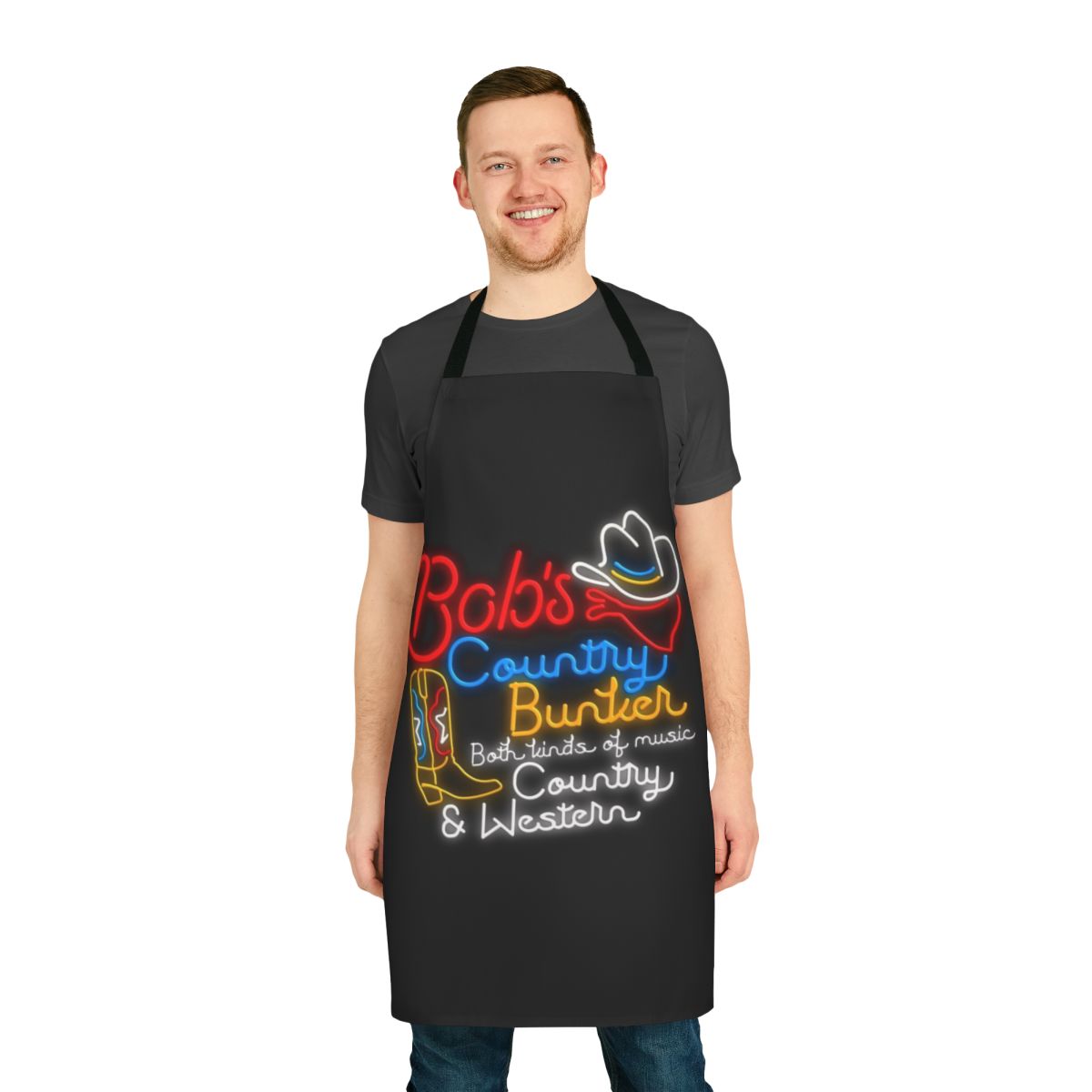 Vintage-inspired country music apron featuring a neon sign design, a tribute to the iconic Blues Brothers movie location