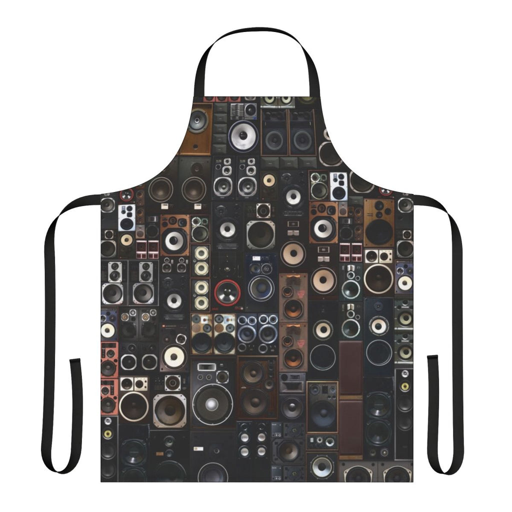 A stylish and functional apron featuring a vibrant cubist pattern with vintage audio speakers.