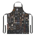 A stylish and functional apron featuring a vibrant cubist pattern with vintage audio speakers.