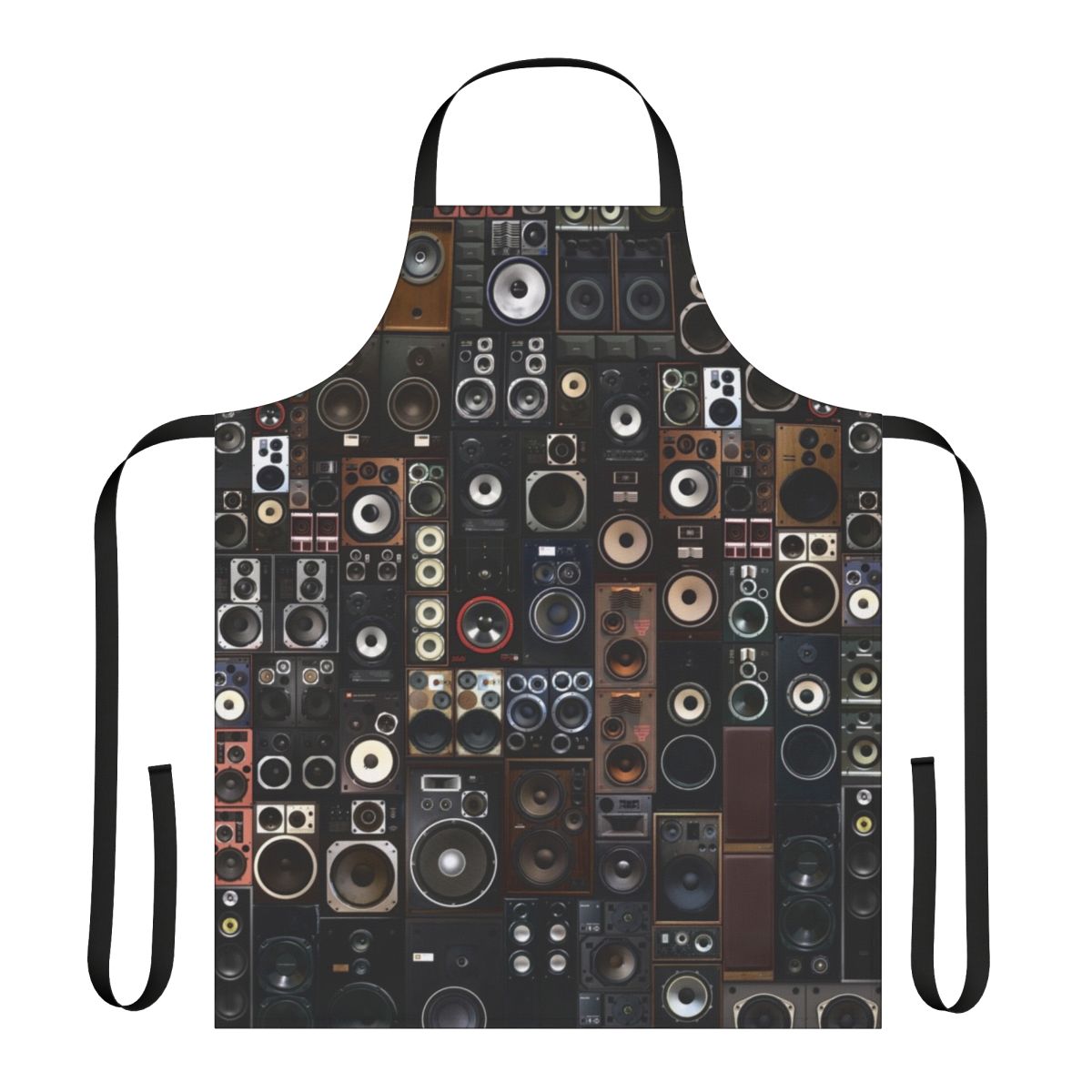 A stylish and functional apron featuring a vibrant cubist pattern with vintage audio speakers.