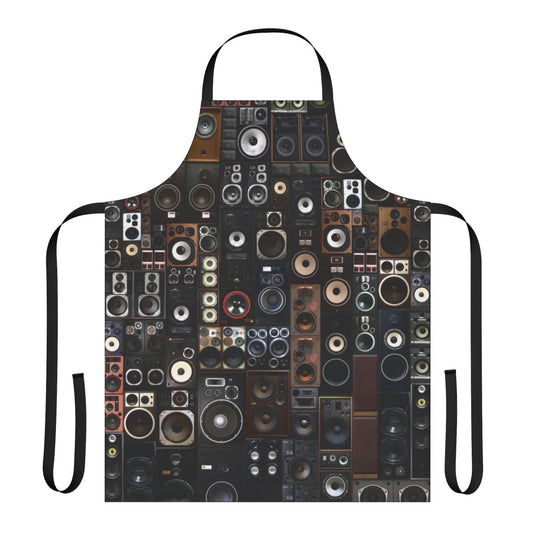 A stylish and functional apron featuring a vibrant cubist pattern with vintage audio speakers.