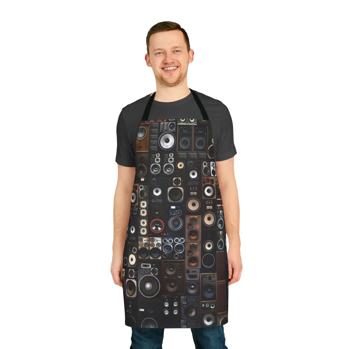 A stylish and functional apron featuring a vibrant cubist pattern with vintage audio speakers.