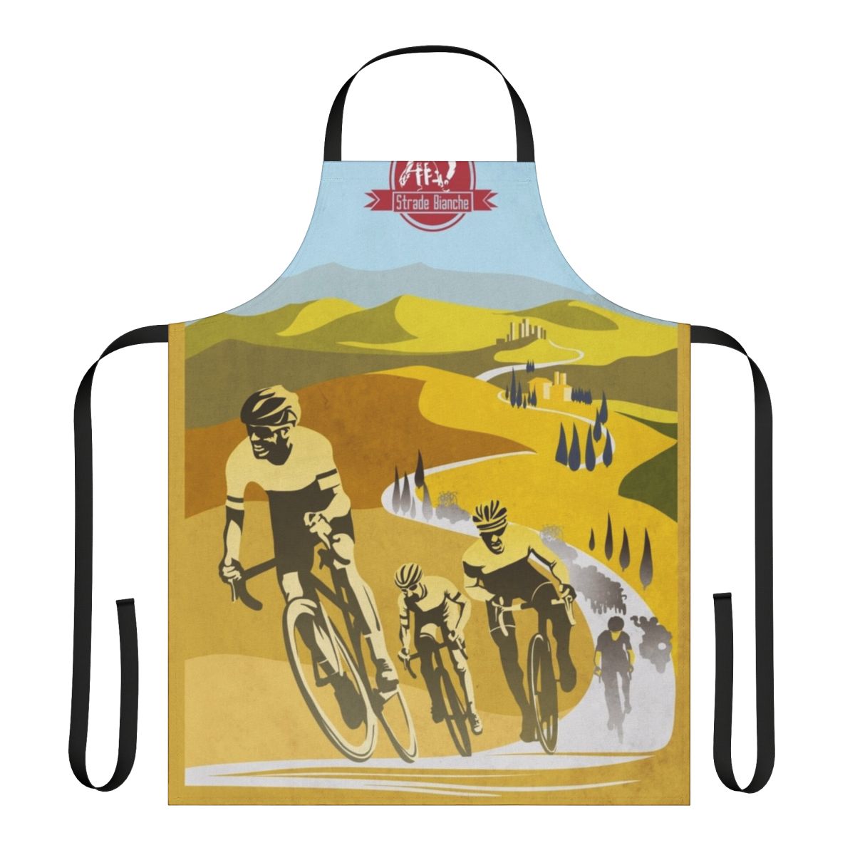 Vintage-inspired cycling art apron featuring a detailed illustration of the Strade Bianche cycling race in Tuscany, Italy.