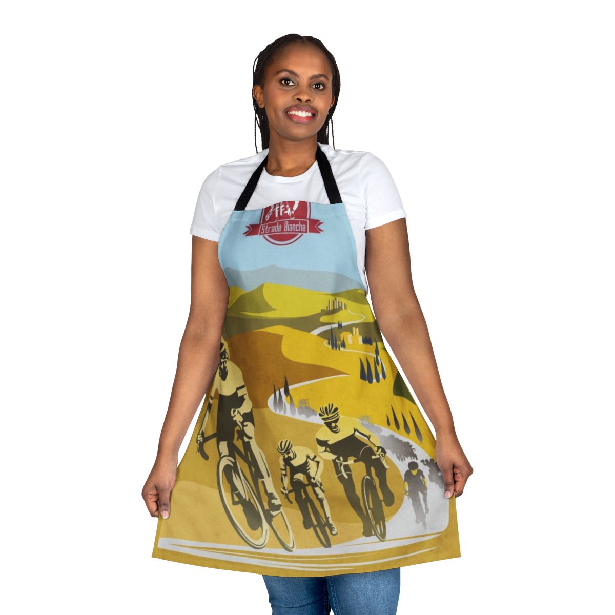 Vintage-inspired cycling art apron featuring a detailed illustration of the Strade Bianche cycling race in Tuscany, Italy.