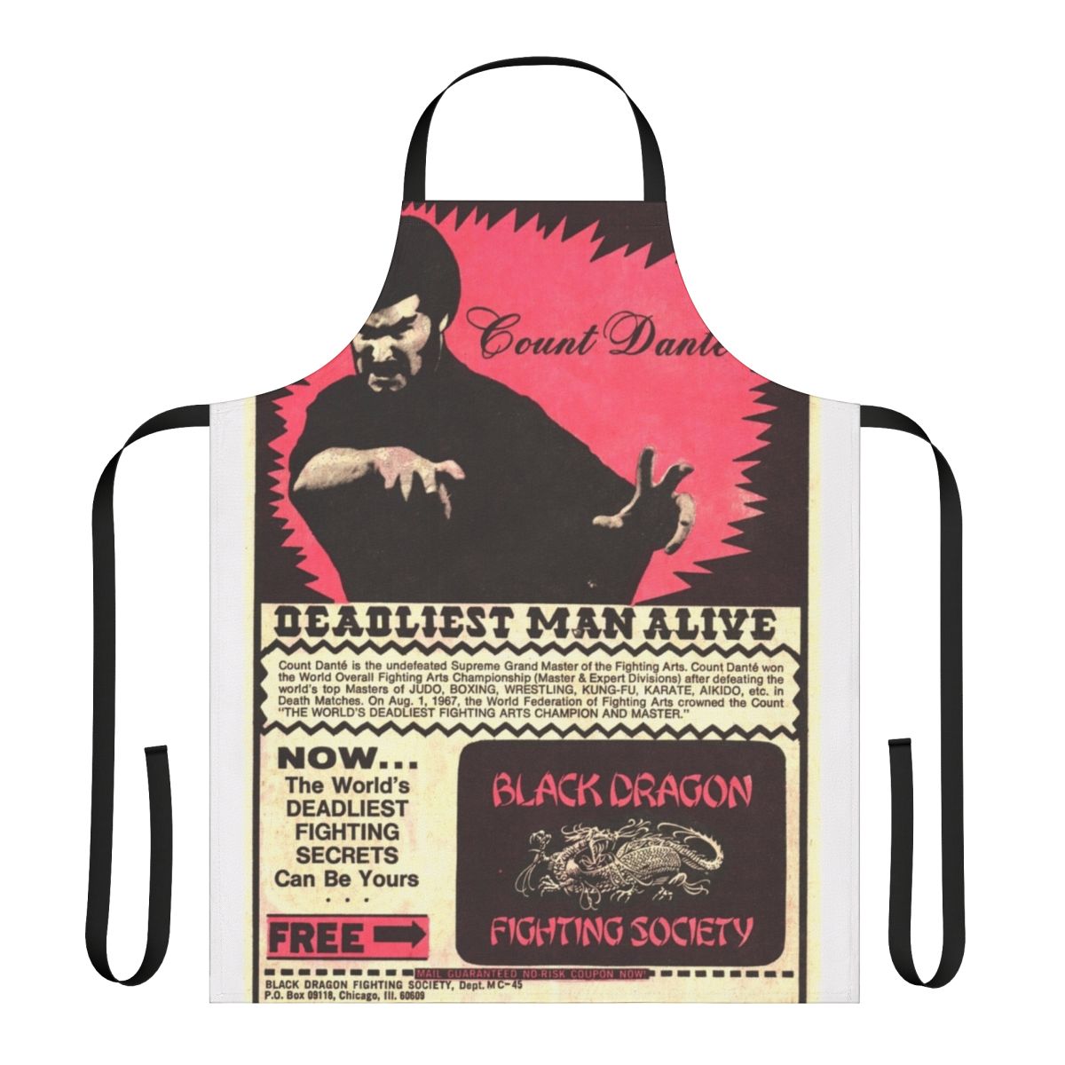 Retro-styled apron featuring a black dragon and martial arts imagery