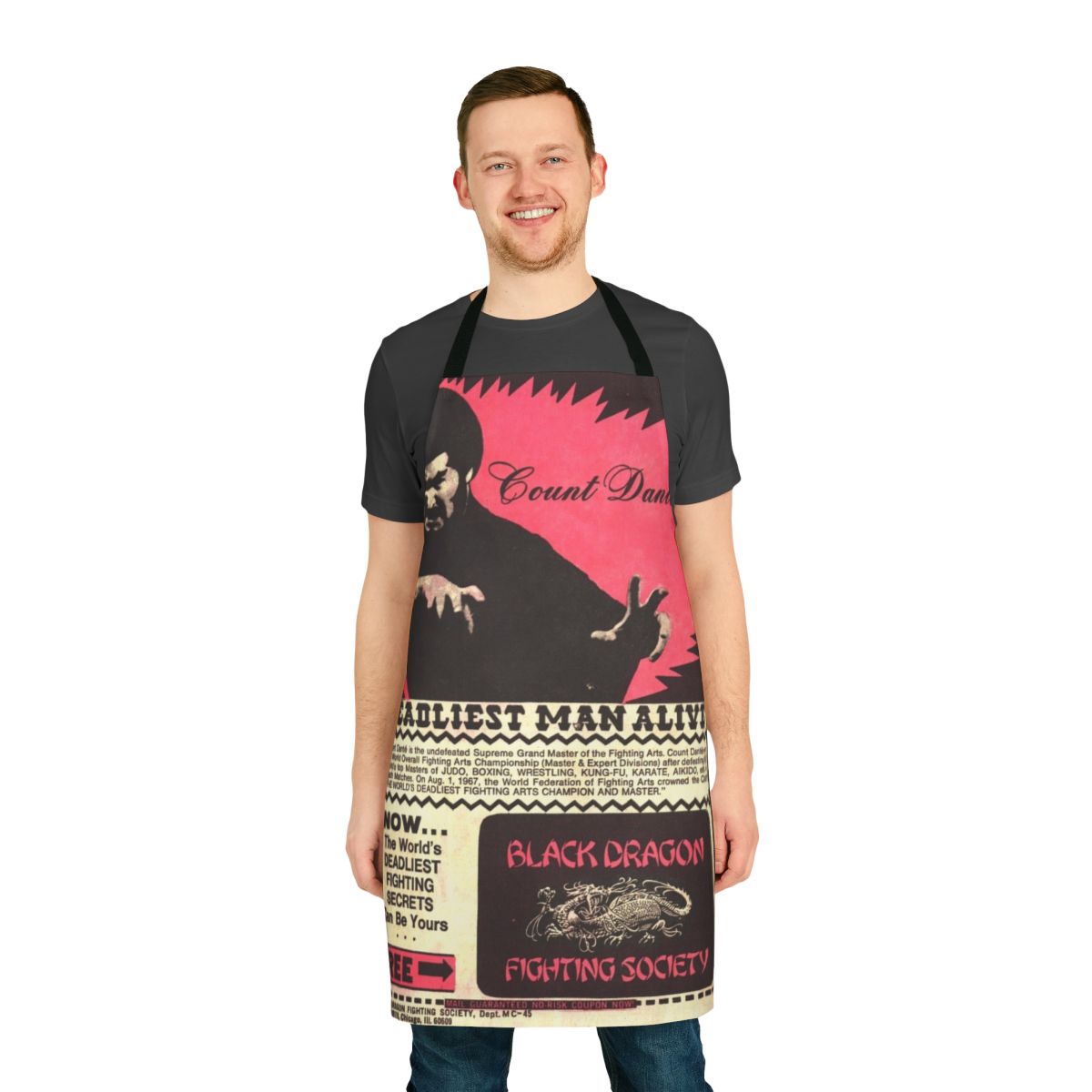 Retro-styled apron featuring a black dragon and martial arts imagery