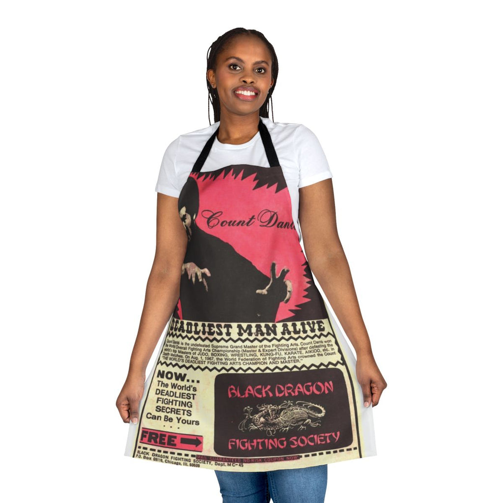 Retro-styled apron featuring a black dragon and martial arts imagery