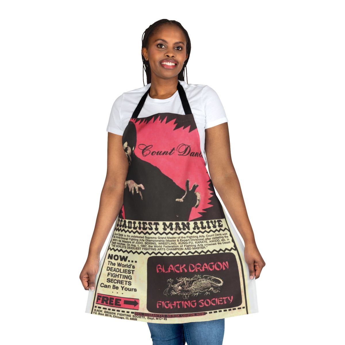 Retro-styled apron featuring a black dragon and martial arts imagery