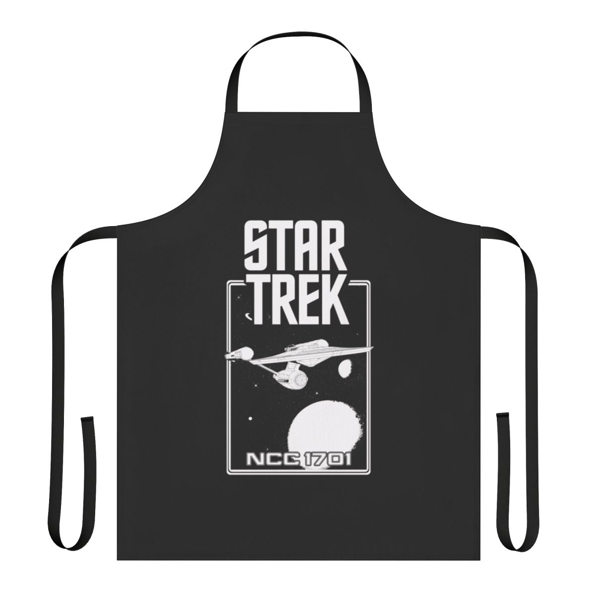Vintage-inspired black and white apron featuring the iconic Enterprise NCC-1701 from Star Trek