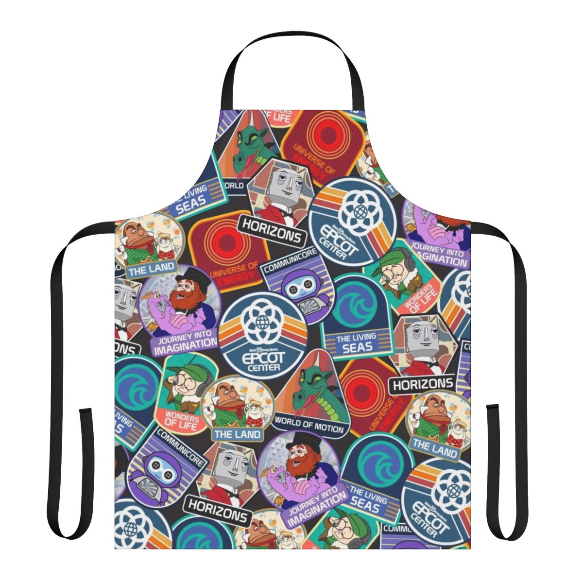 Vintage-inspired Epcot Center apron featuring iconic attractions and characters