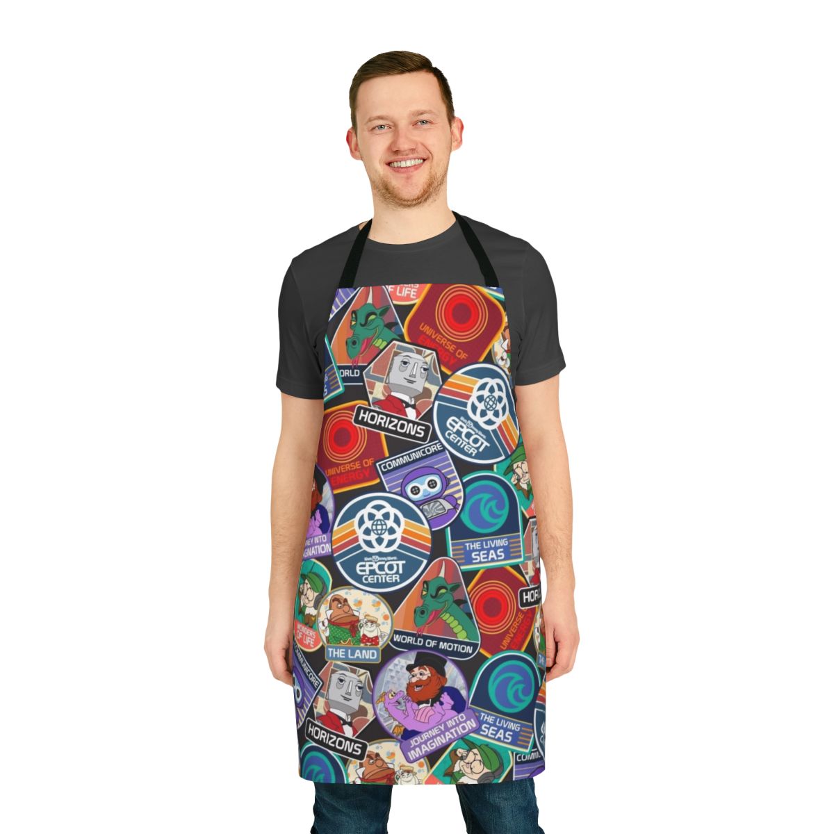 Vintage-inspired Epcot Center apron featuring iconic attractions and characters